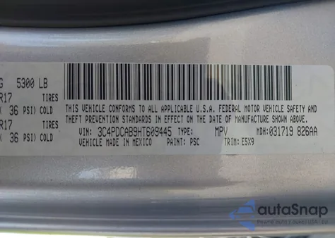 2017 Dodge Journey Se z USA, uszkodzony, nr VIN 3C4PDCAB9HT609445